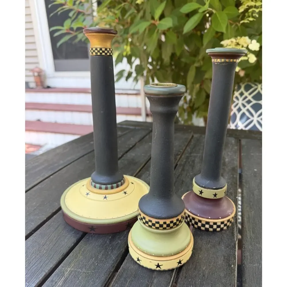 Vintage SET OF 3 Folk Art Candlestick Hiolders Williraye Studio Hand Painted